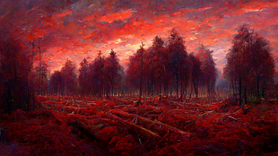 Layered forest with a red sky
