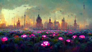 Glowing flowers infront of a city