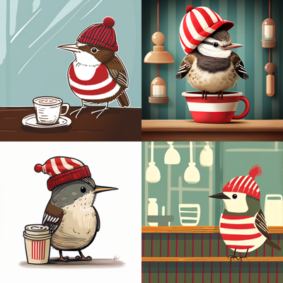 bird, wren, Wearing a Wheres waldo red and white striped bobble hat, horizontal stripes, vector, cartoon, in a cafe